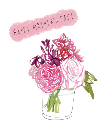 Watercolor illustration of pink and purple flowers in a glass vase, with "Happy Mother's Day!" text on a pink cloud above, perfect for a Mother's Day card design