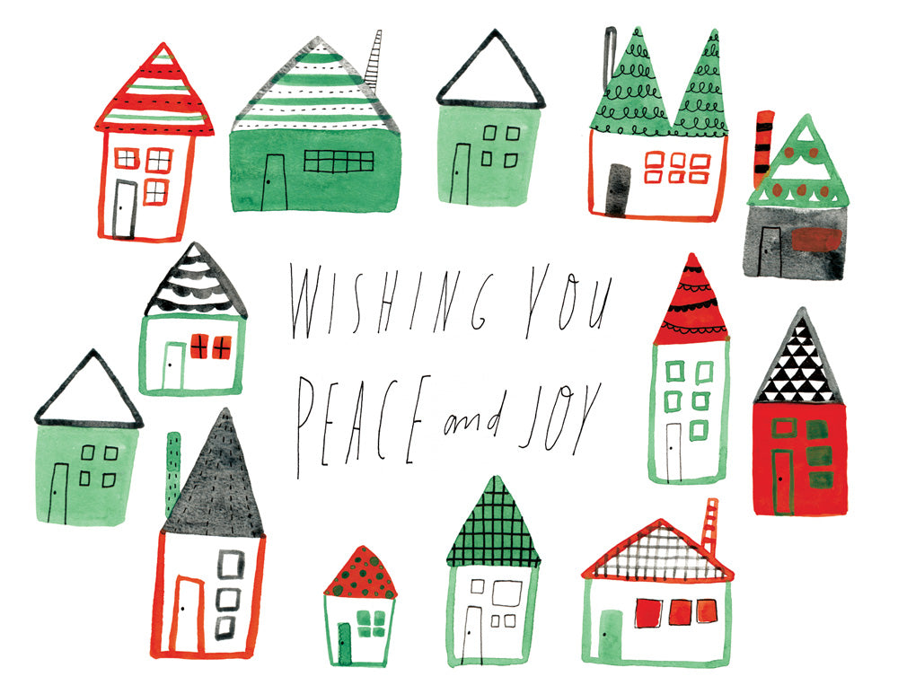 Watercolor illustration of whimsical houses in red and green, with handwritten text "Wishing You Peace and Joy" for a non-traditional holiday greeting card