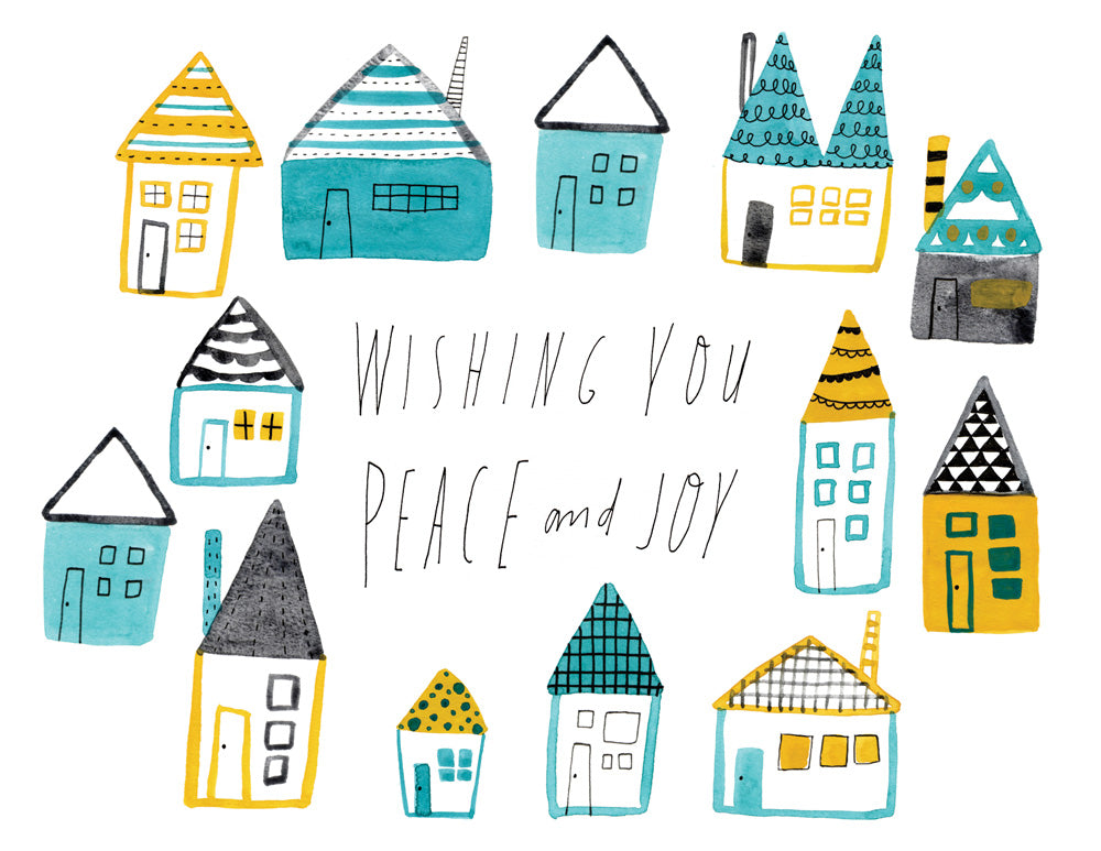 Whimsical watercolor illustration of colorful folk houses with handwritten message "Wishing You Peace and Joy" for non-traditional holiday greeting card, available in teal, yellow, and other color options