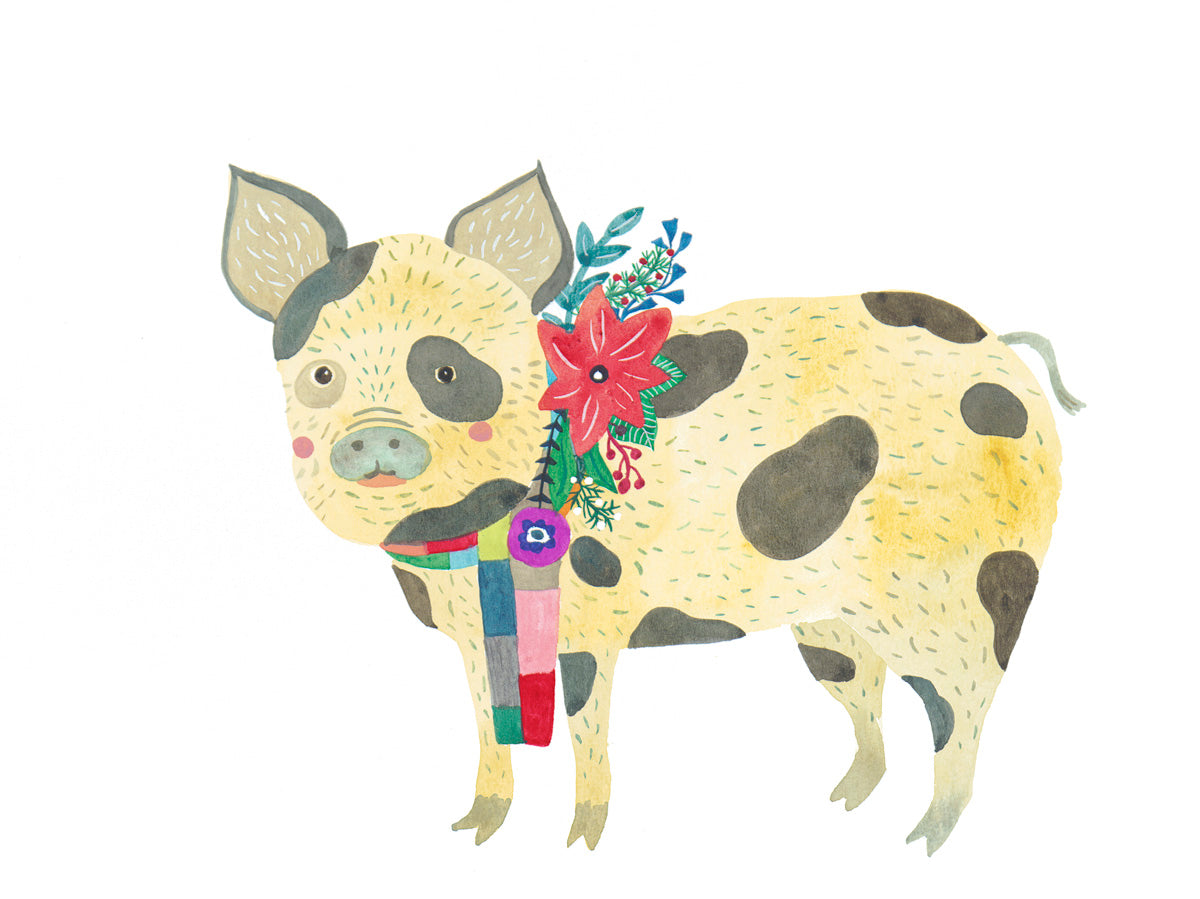 Watercolor illustration of a cheerful spotted pig wearing a colorful scarf and adorned with a festive floral arrangement, perfect for a holiday greeting card