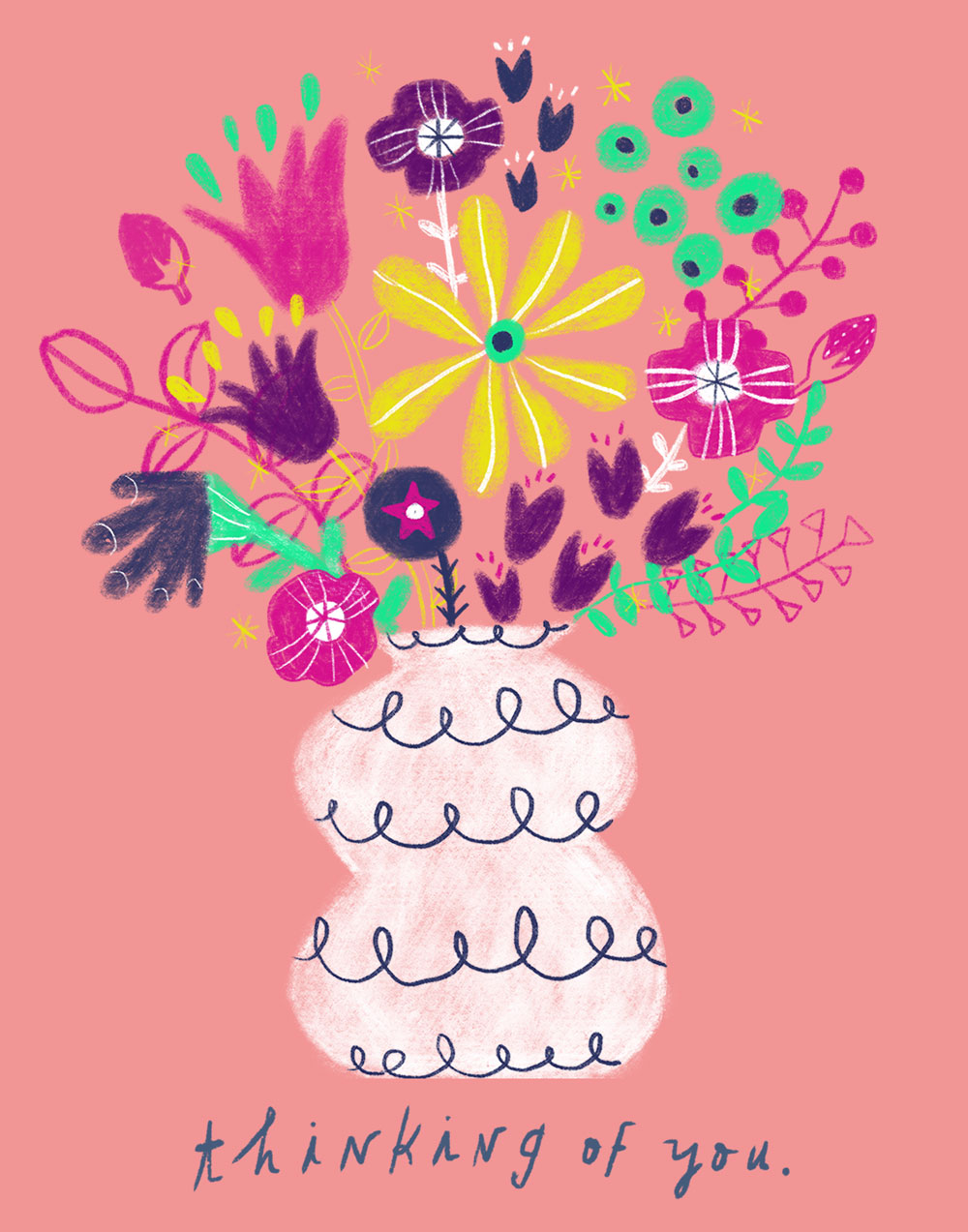 Colorful hand-drawn floral bouquet in whimsical vase with purple, pink, yellow, and green flowers on pink background. Handwritten text "thinking of you" at bottom.
