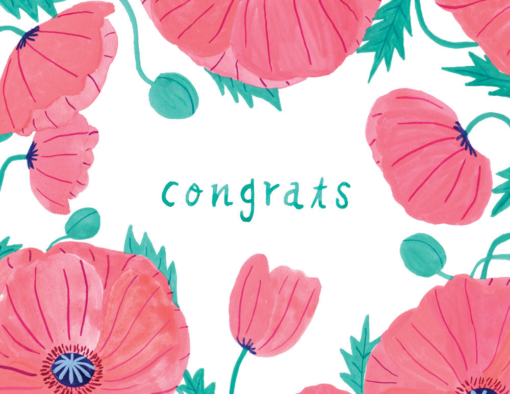 Watercolor illustration of pink oriental poppies surrounding teal "Congrats" text on white background, perfect for summer wedding congratulations card