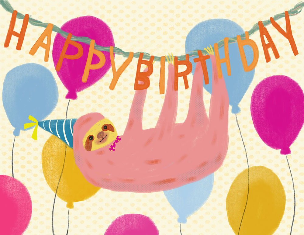 Cartoon sloth wearing party hat hanging from Happy Birthday banner surrounded by colorful balloons on polka dot background