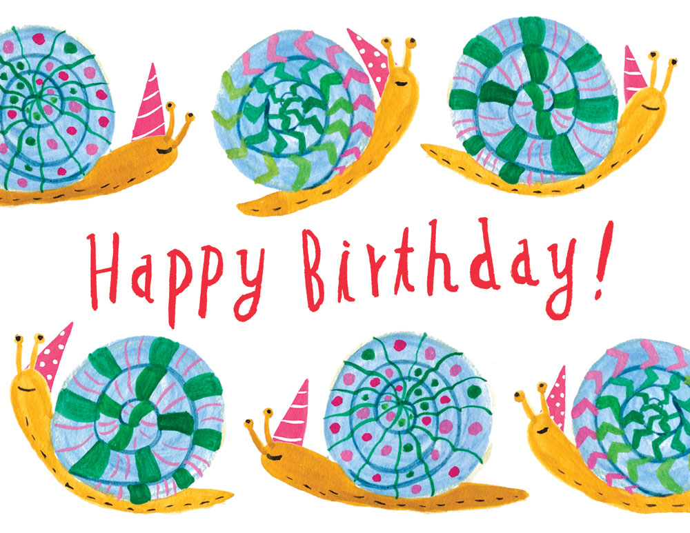 Colorful cartoon snails with party hats and patterned shells surrounding "Happy Birthday!" text in red, on white background. Whimsical and cheerful design for a birthday greeting card.