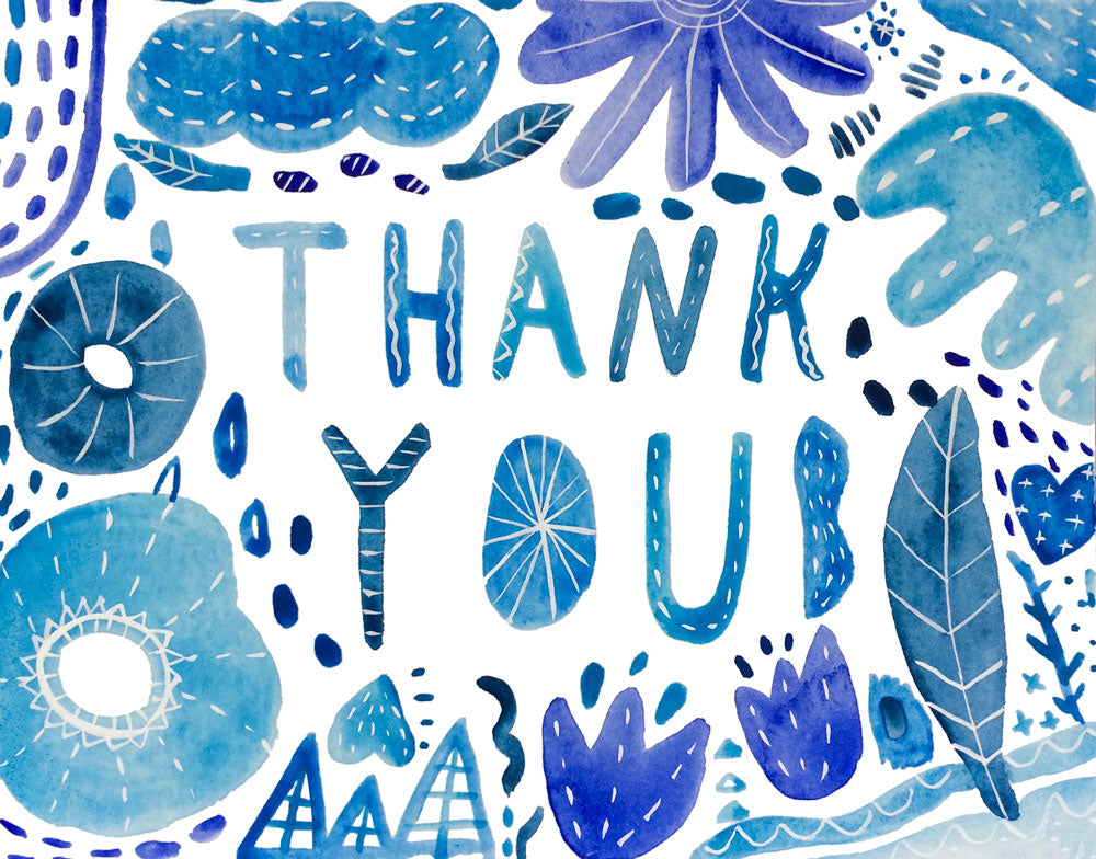 Handpainted blue watercolor thank you card with floral and leaf designs, featuring the words "THANK YOU" in stylized lettering surrounded by various abstract shapes and patterns in shades of blue and purple
