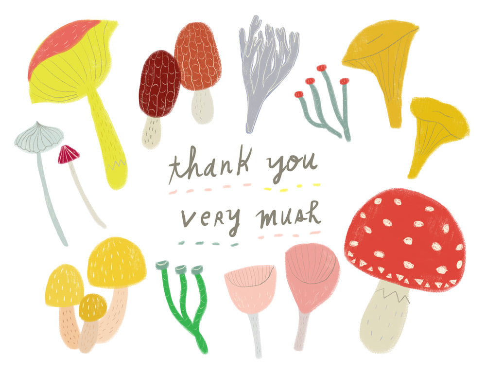 Colorful illustrated mushroom thank you card design featuring various whimsical mushroom shapes and types, with handwritten text "thank you very mush" in the center, perfect for nature lovers and fungi enthusiasts
