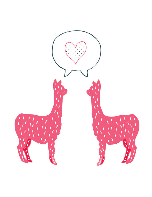 Two pink alpacas facing each other with a white speech bubble containing a dotted heart above them, symbolizing love and affection in a simple, cute illustration style
