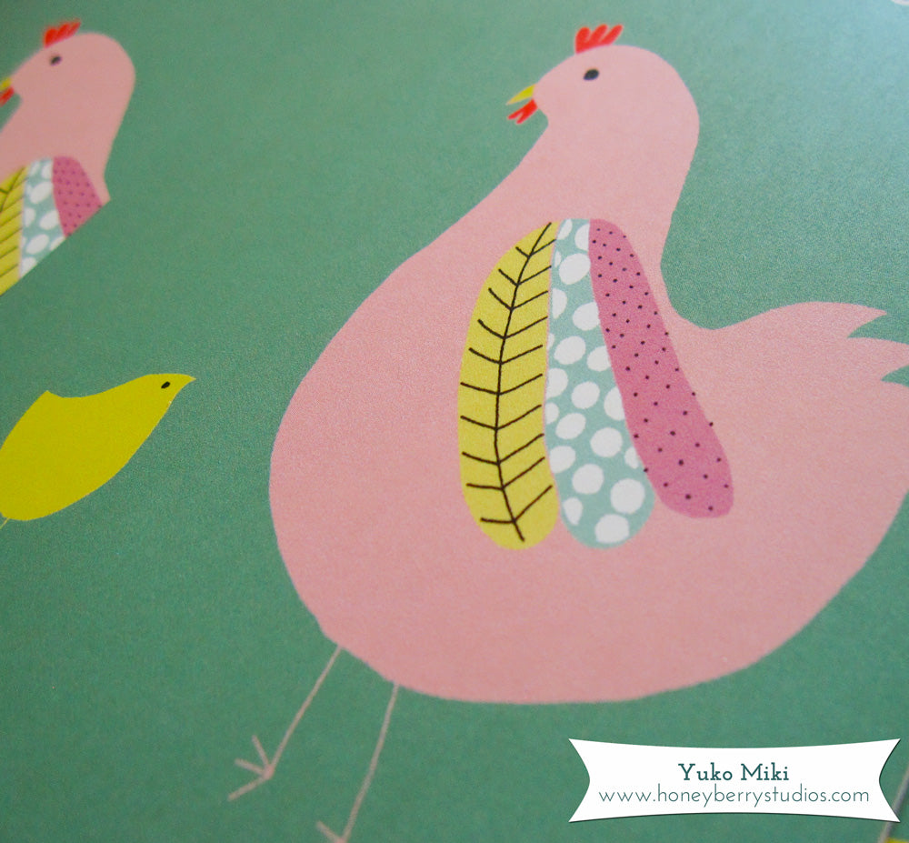 Colorful illustration of a pink hen with patterned wings and two yellow chicks on a teal background, featuring a whimsical Mother's Day card design by Yuko Miki from Honeyberry Studios