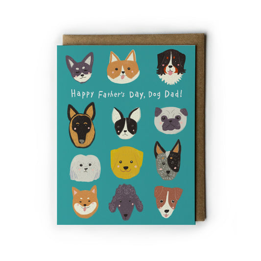 Father's Day card for dog dads featuring colorful illustrations of various dog breeds on a teal background, with text "Happy Father's Day, Dog Dad!" and a kraft envelope