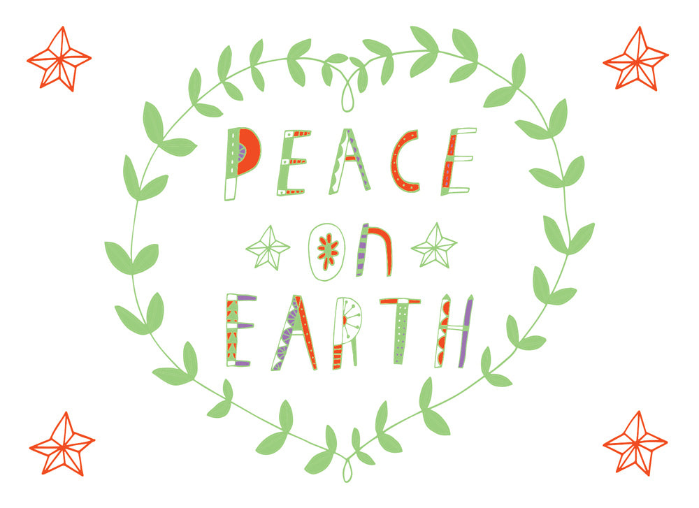 Hand-drawn holiday greeting card featuring "Peace on Earth" text in colorful letters, surrounded by a green wreath and orange stars, on a white background