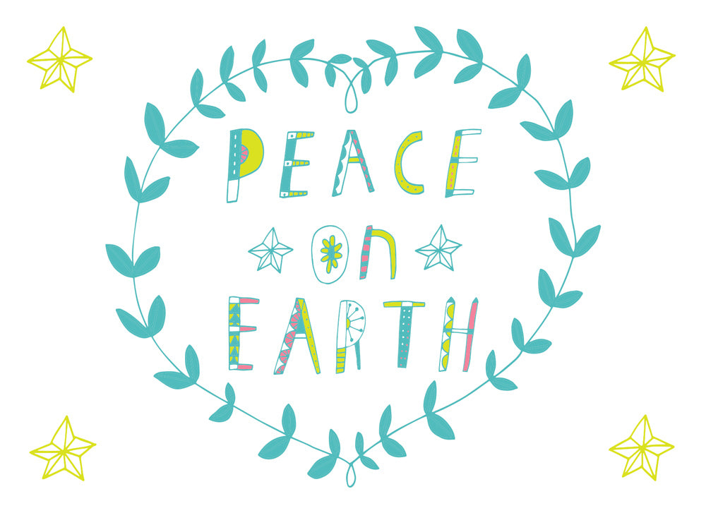 Hand-lettered holiday greeting card design with "Peace on Earth" text in colorful letters, surrounded by a teal leaf wreath and yellow stars, on a white background. Teal and yellow color scheme.