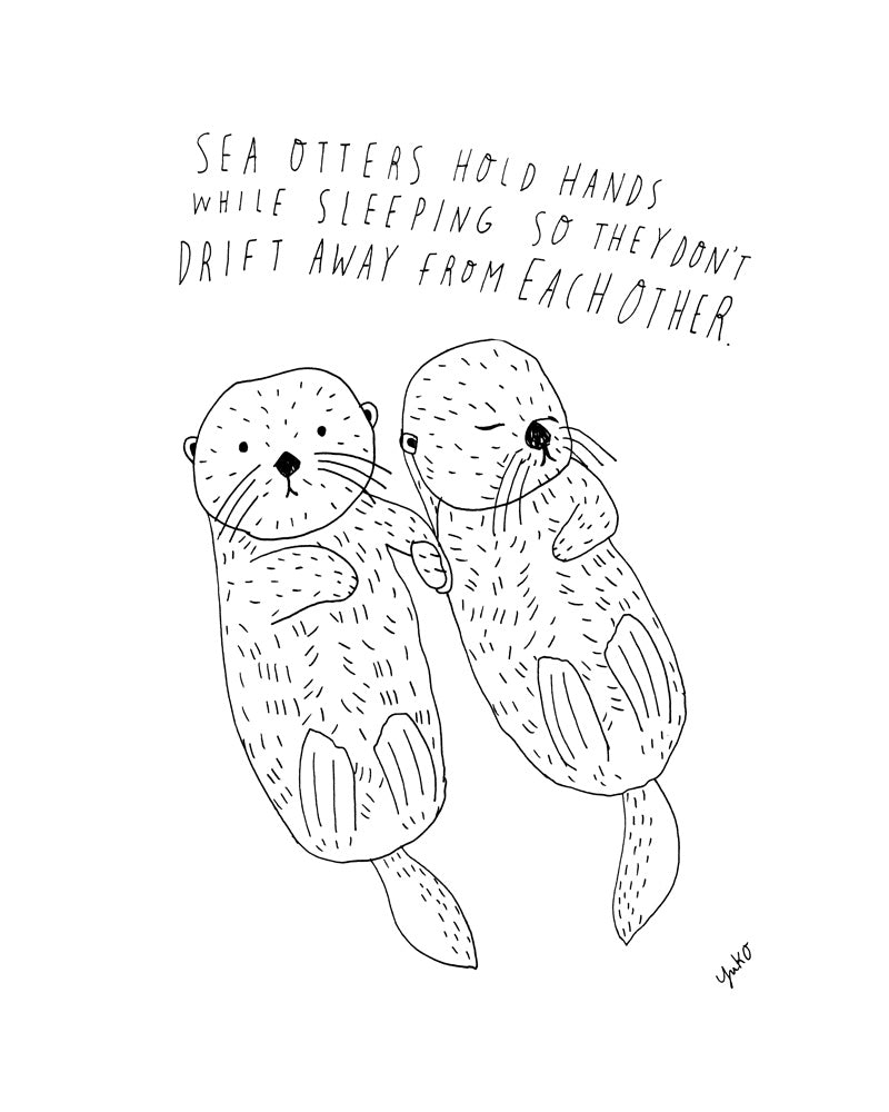 Hand-drawn illustration of two sea otters holding hands while floating, with handwritten text above stating "Sea otters hold hands while sleeping so they don't drift away from each other