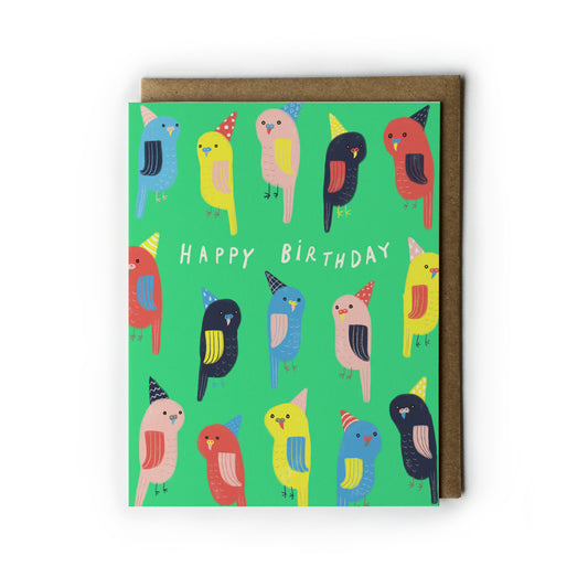 Birthday card with colorful parakeets on a green background, with text Happy Birthday