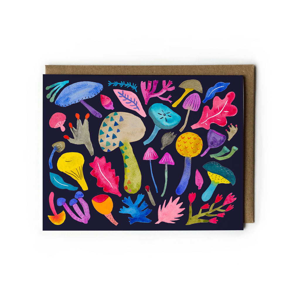 Vibrant watercolor greeting card featuring colorful mushrooms, leaves, and abstract shapes on a dark background, accompanied by a kraft paper envelope, perfect for various occasions