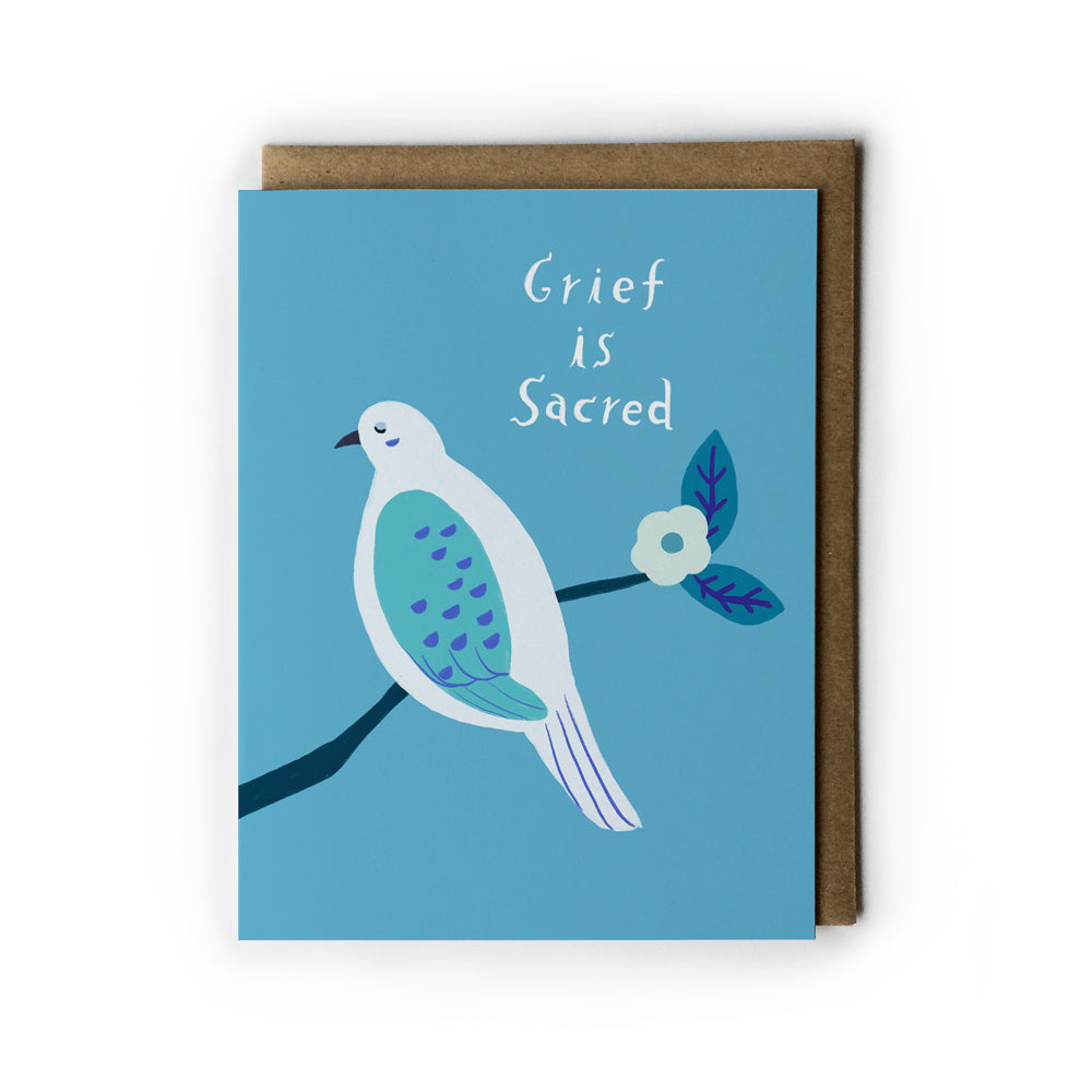 Card with a dove illustration and 'Grief is Sacred' text on a blue background