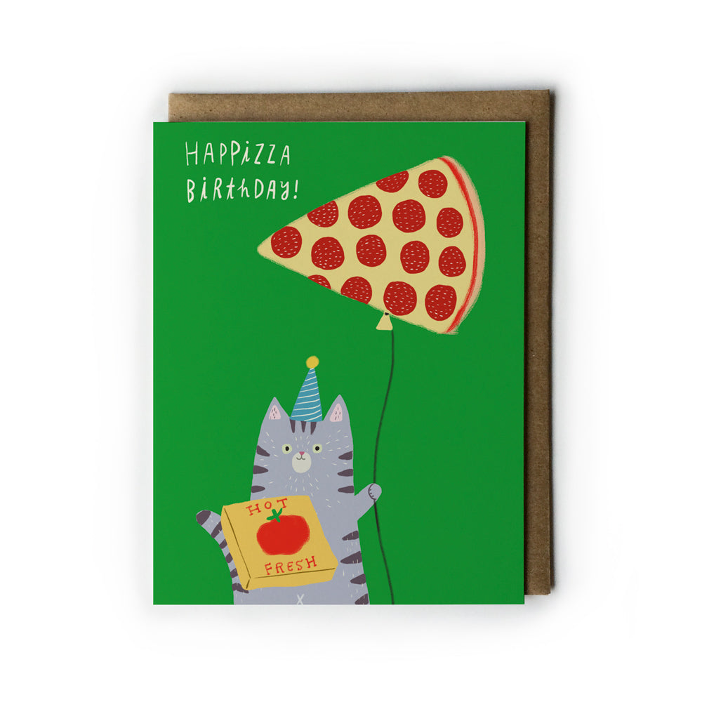 Birthday card with a cat holding a pizza balloon and 'HAPPIZZA BIRTHDAY!' text on a green background.