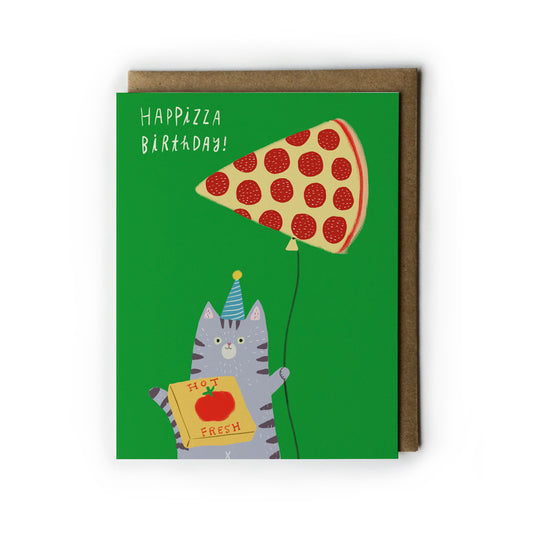 Birthday card with a cat holding a pizza balloon and 'HAPPIZZA BIRTHDAY!' text on a green background.