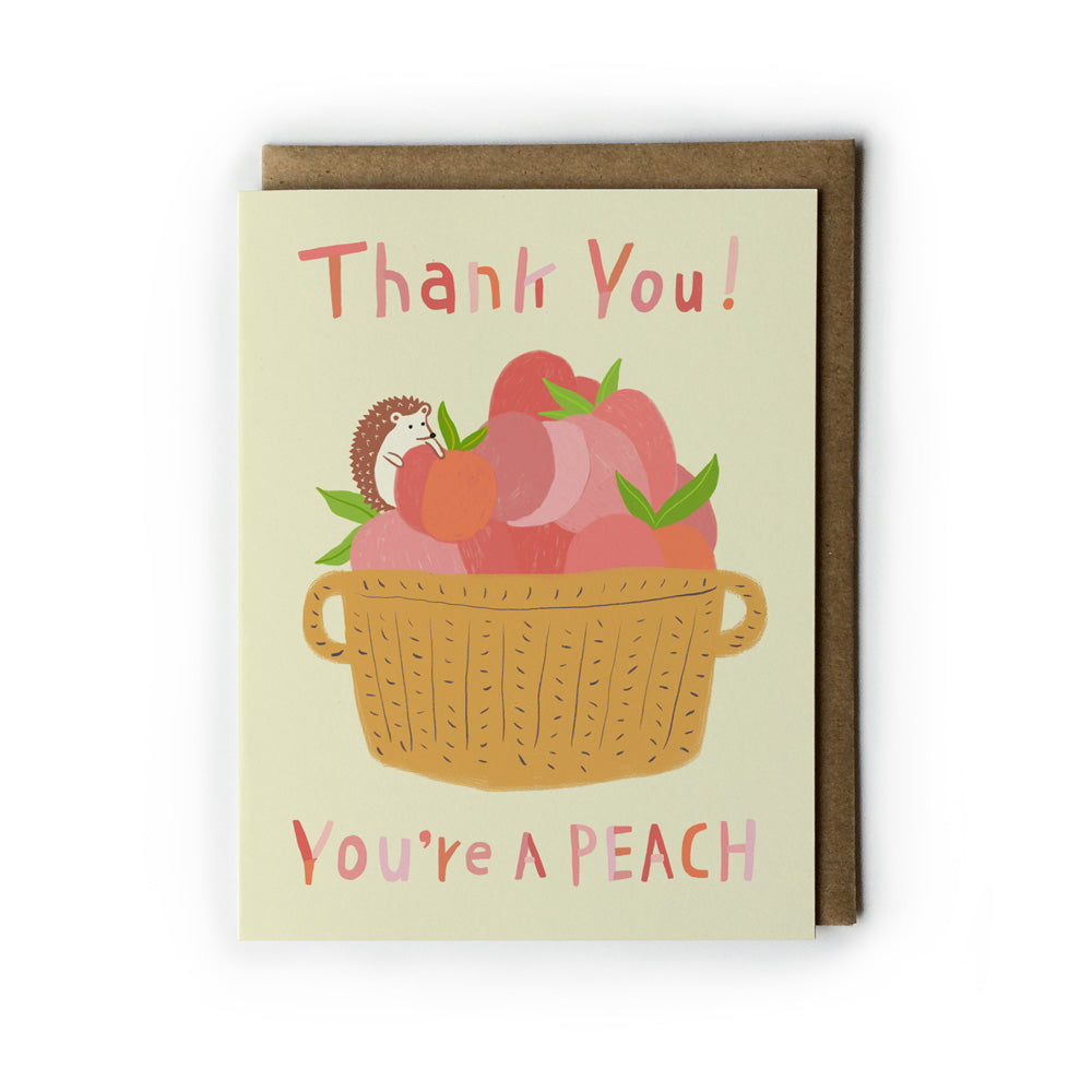 Greeting card with illustration of peaches and hedgehog, text 'Thank You! You're a Peach', on light yellow background