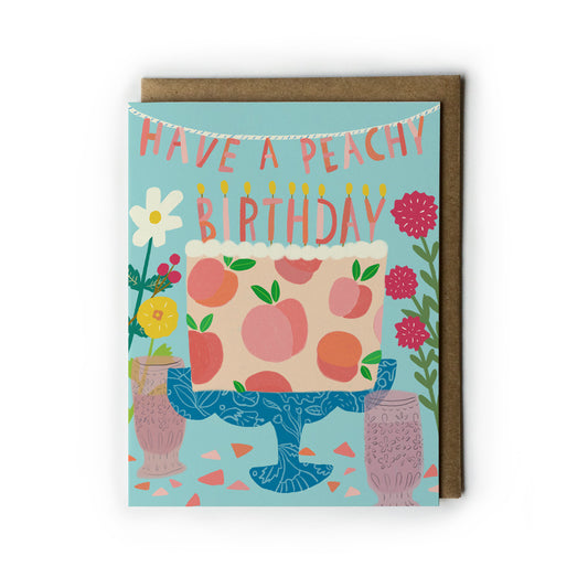 Birthday card with peach-themed design and 'Have a Peachy Birthday' text on a light blue  background