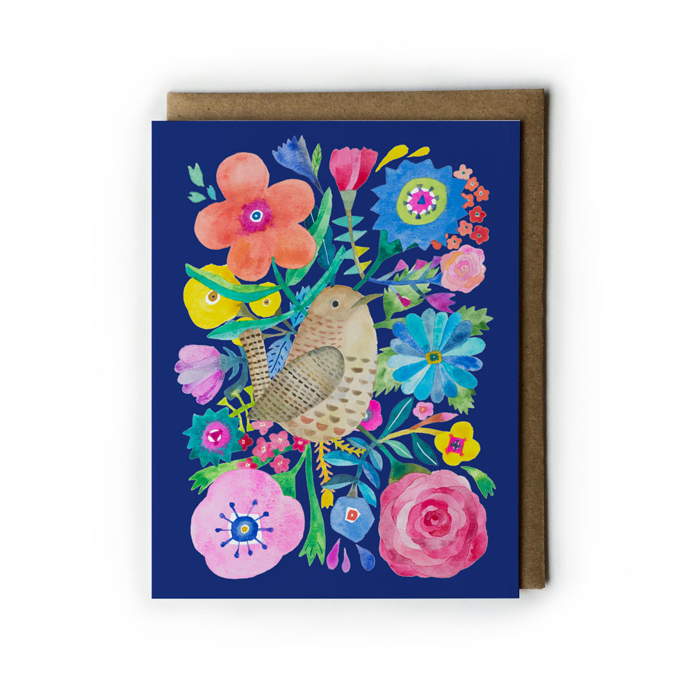 Wren & Flowers Greeting Card