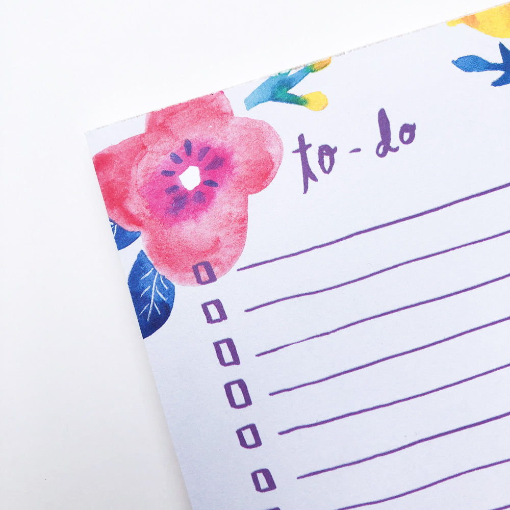 Colorful watercolor floral to-do list notepad with pink and red flowers, blue leaves, and blank lines for tasks