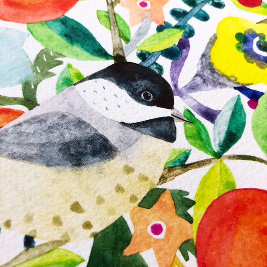 Vibrant watercolor painting of a chickadee perched among colorful leaves and oranges, showcasing intricate details and lively hues in a whimsical nature-inspired composition