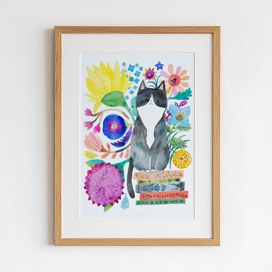 Tuxedo Cat Sitting on Books Original Painting - 12"x16"