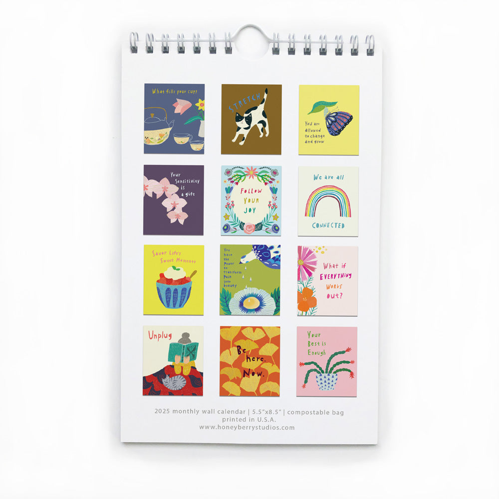 2025 Follow Your Joy Monthly Wall Calendar featuring colorful illustrations with uplifting messages, including animals, food, rainbows, and nature scenes. Spiral-bound with white wire hanger, perfect for small spaces and self-care inspiration.