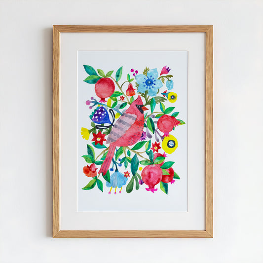 Cardinal & Pomegranate Original Painting - 12"x16"