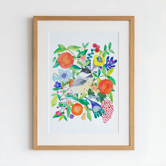 Chickadee & Orange Original Painting - 12"x16"