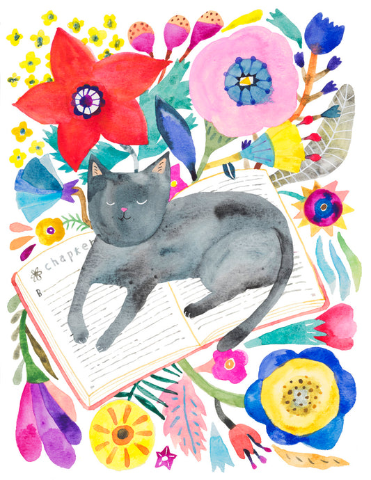 Black Cat Napping on Book Original Painting - 8.5"x11"