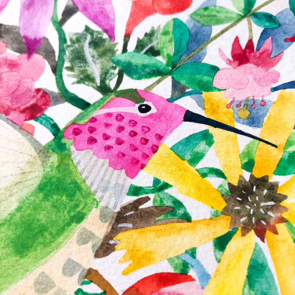 Hummingbird & Flowers Original Painting - 9"x12"