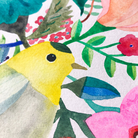 Vibrant watercolor painting of a yellow warbler bird surrounded by colorful flowers and foliage, showcasing delicate brushstrokes and a whimsical, nature-inspired composition on textured paper.