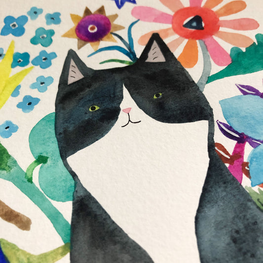 Tuxedo Cat Sitting on Books Original Painting - 12"x16"