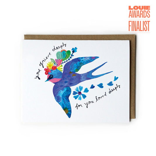 Greeting card with a colorful swallow illustration and text on a white background, Louie Awards Finalist badge visible.