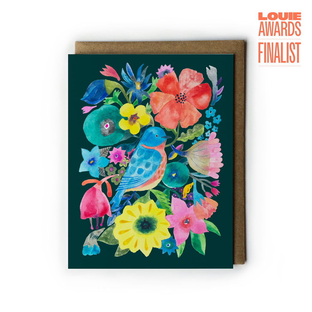 Colorful greeting card with a bluebird and flowers on a dark green background, Louie Awards Finalist badge on the top right corner.