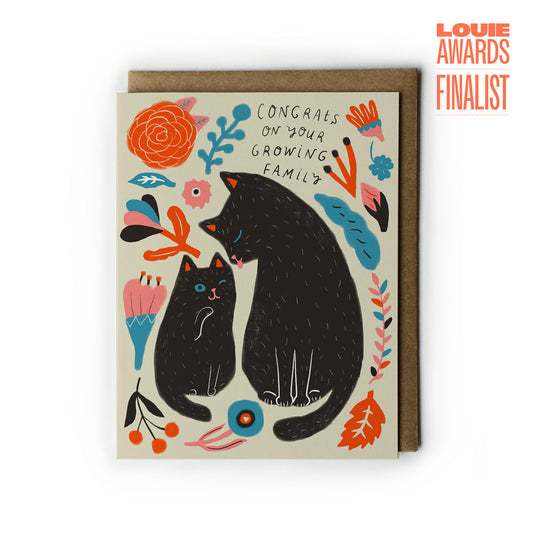 Greeting card with black cats and floral designs, featuring 'Louie Awards Finalist' text.