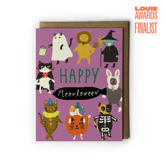Halloween-themed greeting card with illustrations of cats in costumes on a purple background, Louie Awards Finalist badge on the top right.