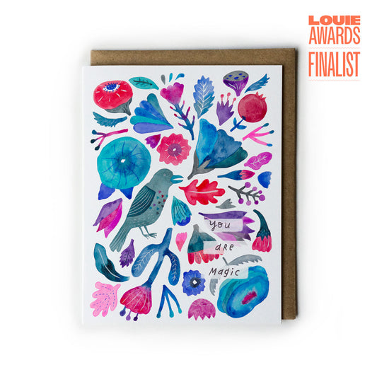 Greeting card with colorful floral and raven design on a white background, featuring 'Louie Awards Finalist' text.