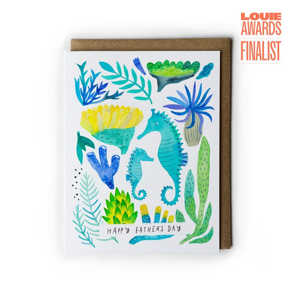 Father's Day card with seahorse and sea plant illustrations on a white background