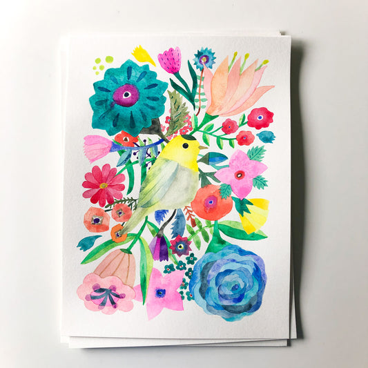 Warbler & Flowers Original Painting - 9"x12"