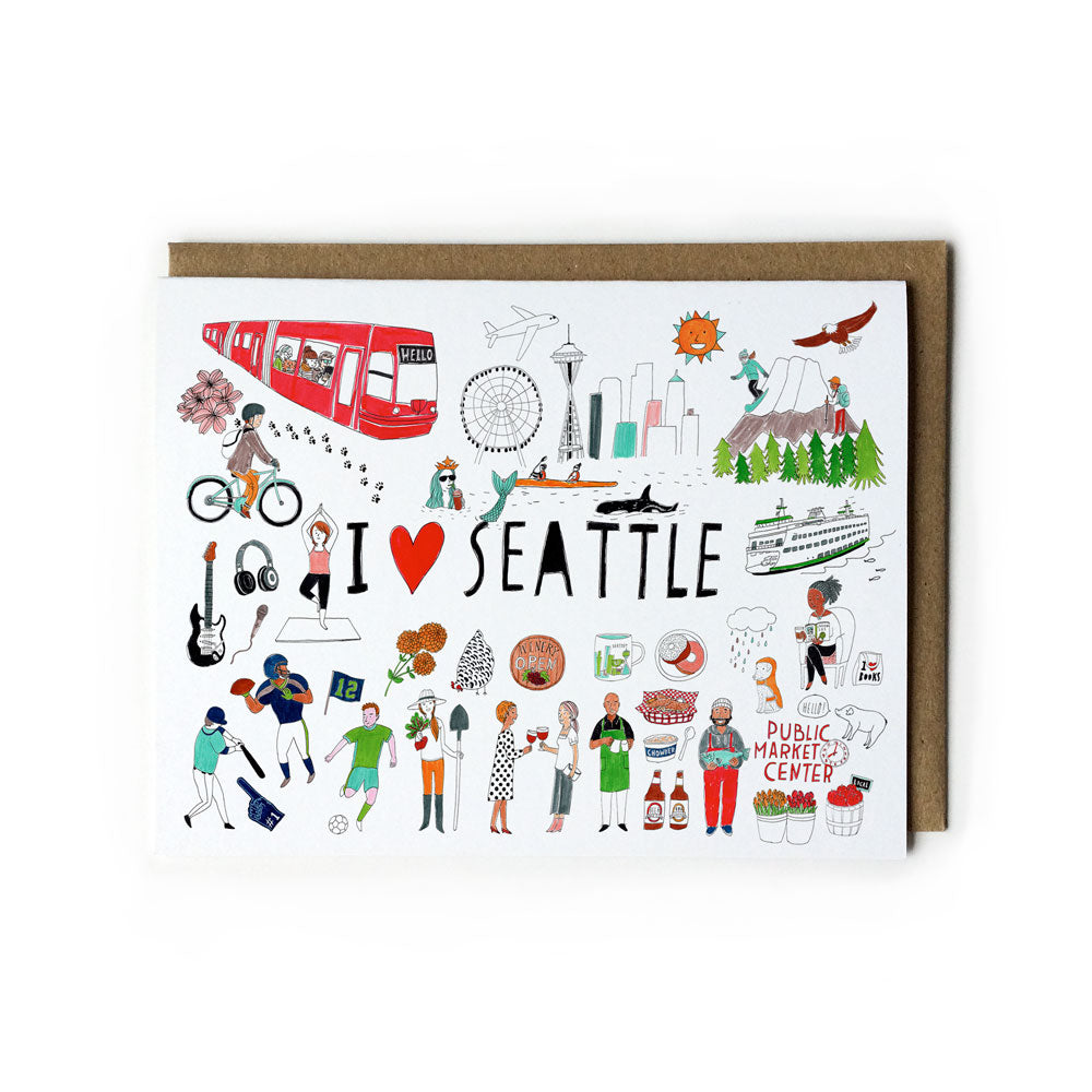 Colorful illustrated greeting card featuring Seattle landmarks, activities, and culture including Space Needle, monorail, mountains, ferries, cyclists, musicians, sports fans, and Pike Place Market. Text reads "I heart Seattle" surrounded by vibrant local icons.