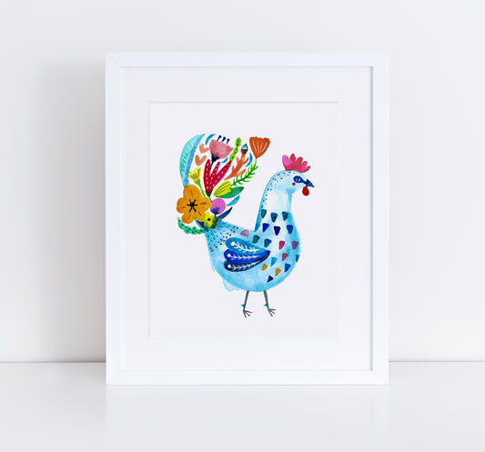 Blue Flower Rooster, Giclee Art Print