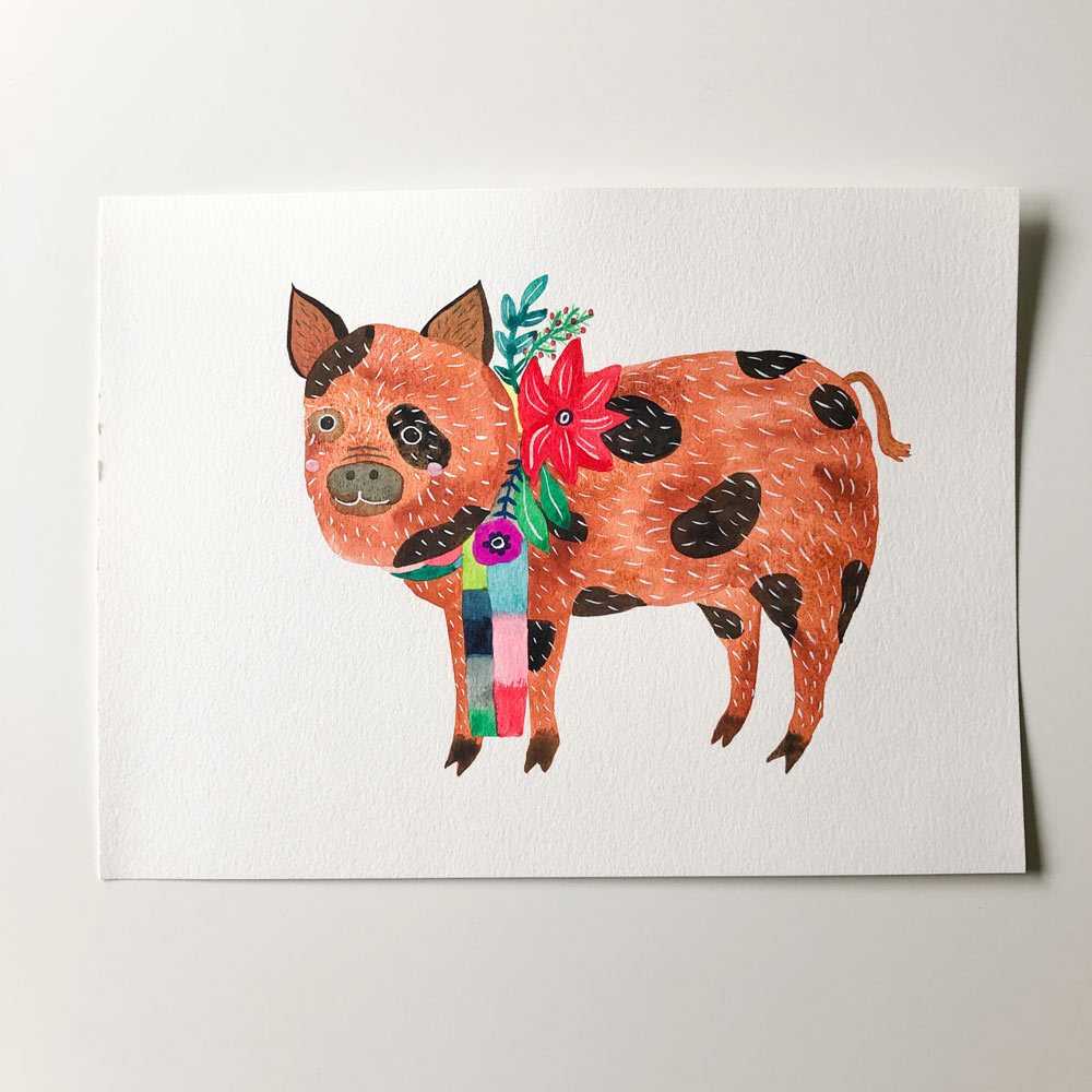 Holiday Pig Original Painting - 9"x12"