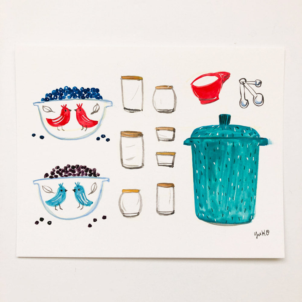 Watercolor painting of canning supplies: two bowls with berries and bird designs, empty jars, a red measuring cup, measuring spoons, and a large teal canning pot. Illustrates the process of preserving berries in artistic style.