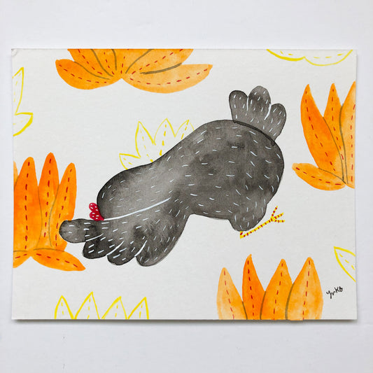 Original watercolor painting of a gray figure resembling a child in yoga pose, surrounded by vibrant orange and yellow abstract floral shapes on white background, 5.5x7 inches