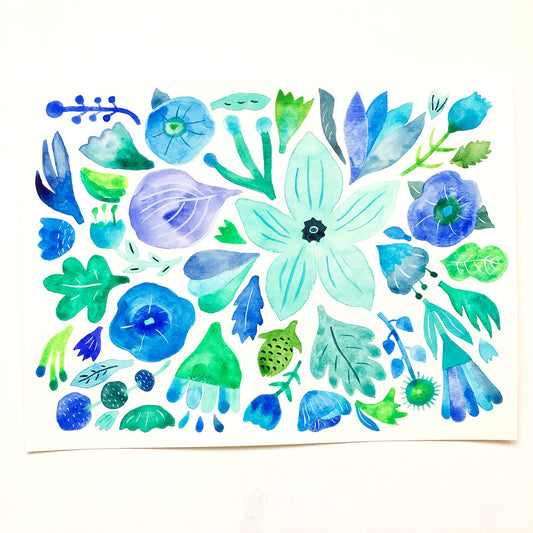 Blue and Green Flowers - 9"x12"