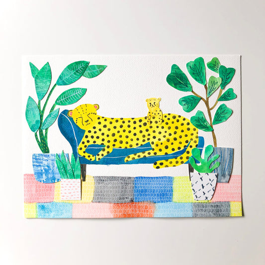 Cheetah Mama & Cub Original Painting and Collage - 9"x12"