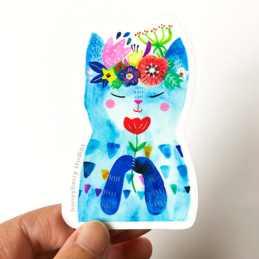Blue Flower Kitty, Vinyl Sticker