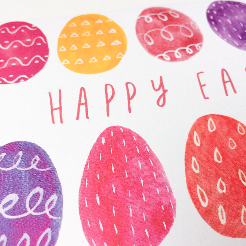 Watercolor Easter greeting card featuring colorful decorated eggs in pink, yellow, purple, and red, with "HAPPY EA" text visible, perfect for spring celebrations and holiday wishes